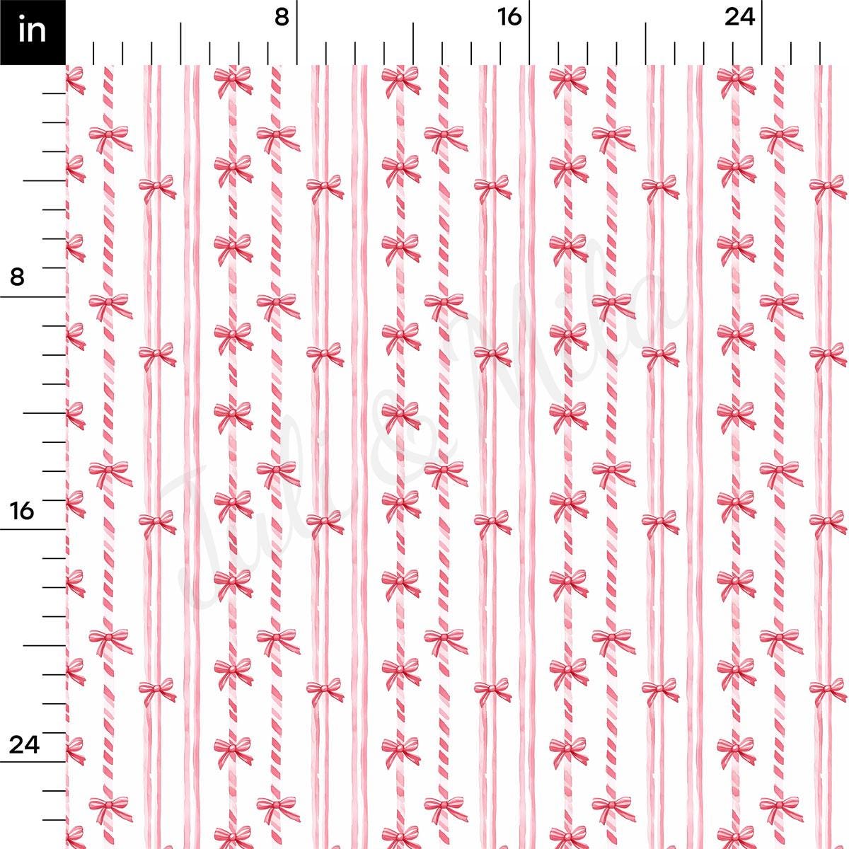 a repeating pattern of red and white striped lines with pink bows, creating a festive and decorative design.