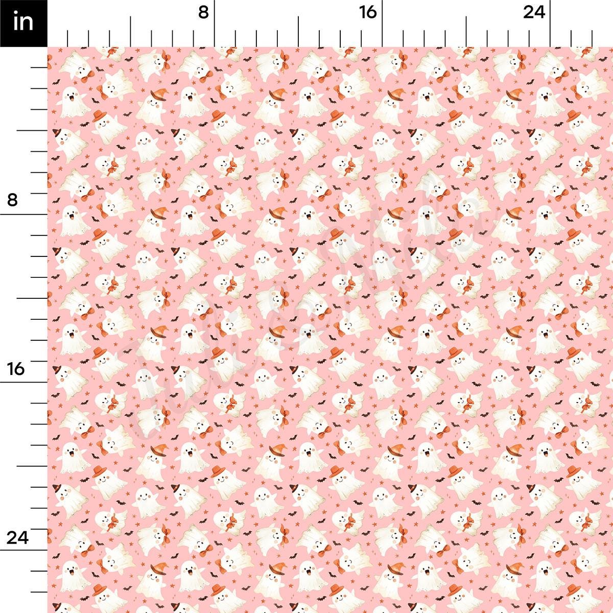 a repeating pattern of small white ghost-like figures with black outlines, along with small orange bats scattered throughout the pattern. The pattern is set against a pink background, creating a visually striking and whimsical design.