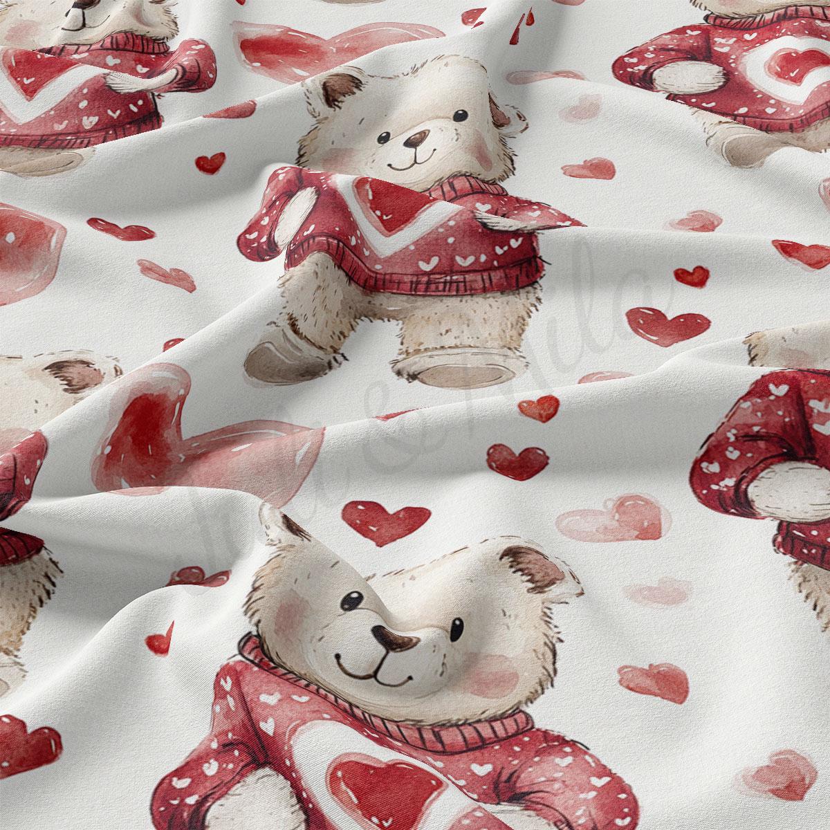 a repeating pattern of teddy bears wearing red sweaters and holding red hearts.