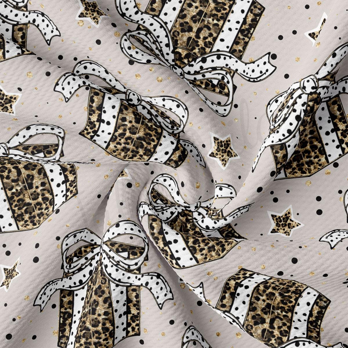 a repeating pattern of leopard print gift boxes with white polka dots and gold stars on a light gray background.