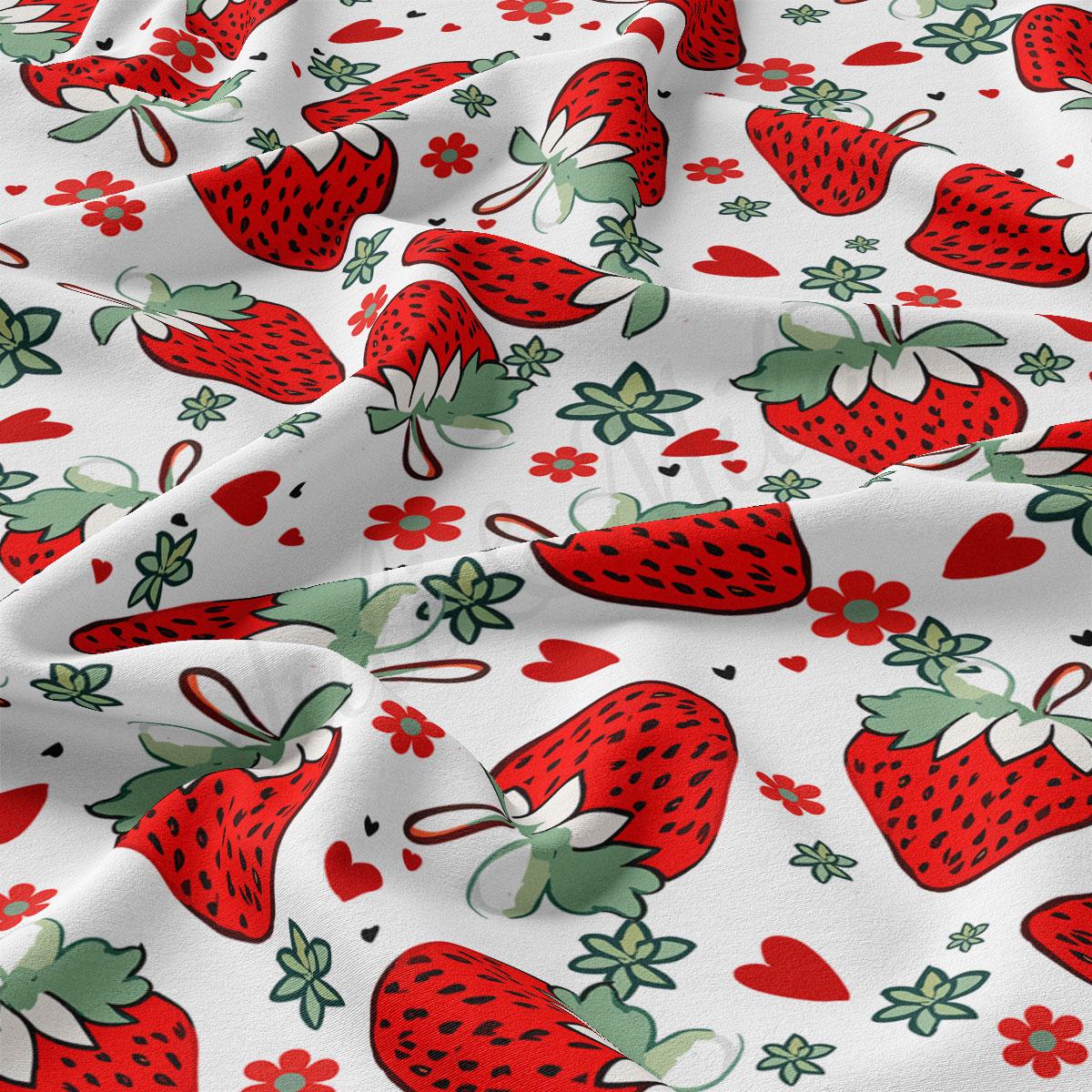 a repeating pattern of red strawberries with green leaves and flowers on a white background.