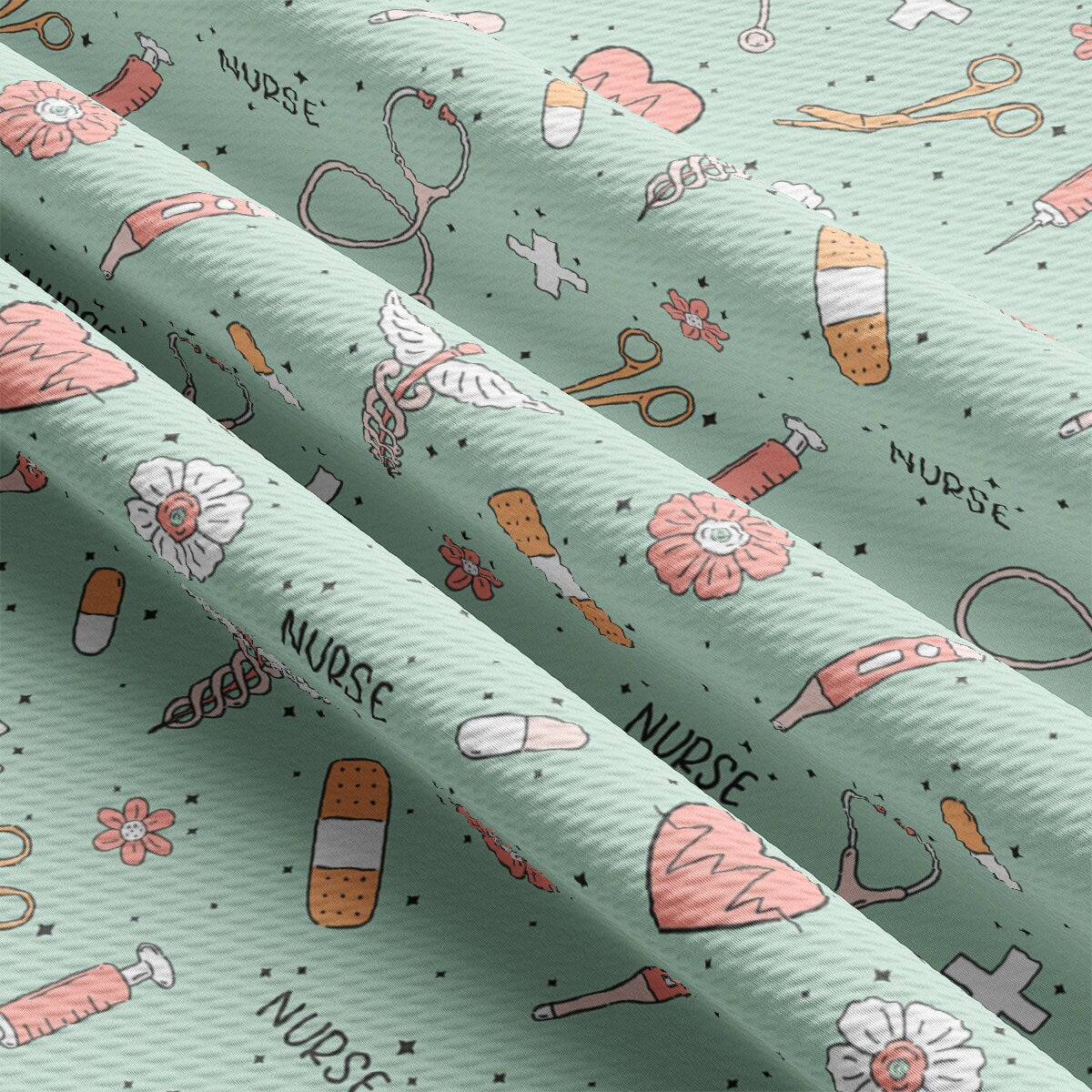 a pattern of medical items on a light blue background