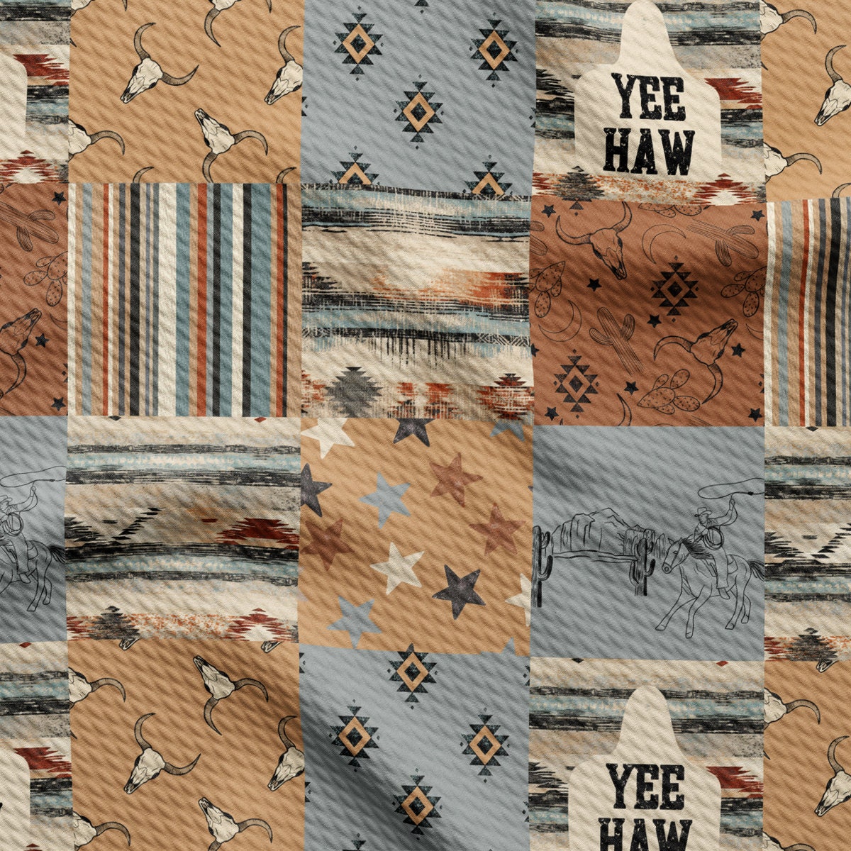 a patchwork pattern with the words yee haw on it