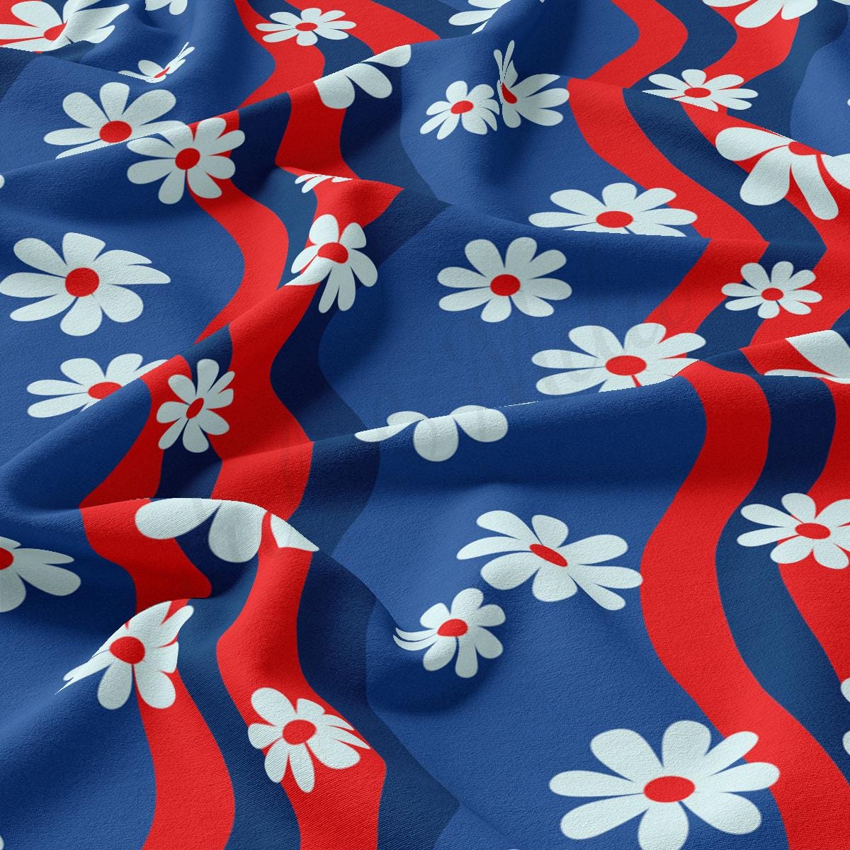 a red, white and blue fabric with flowers on it