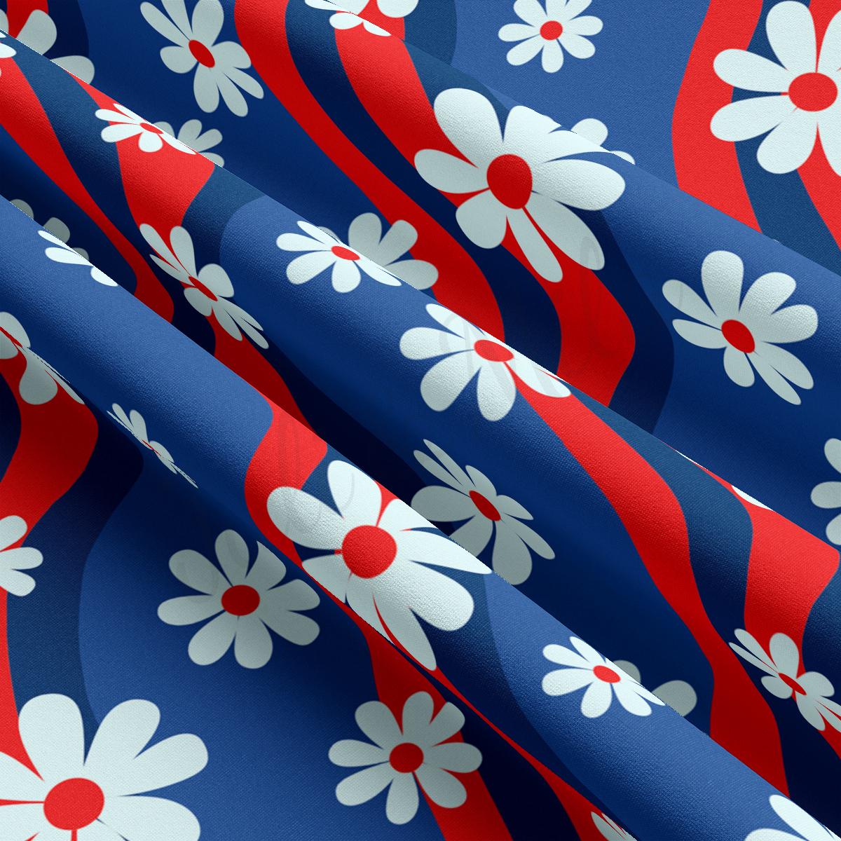 a red, white and blue flower print fabric