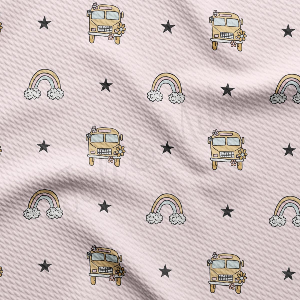 a pattern of school bus and rainbows on a pink background