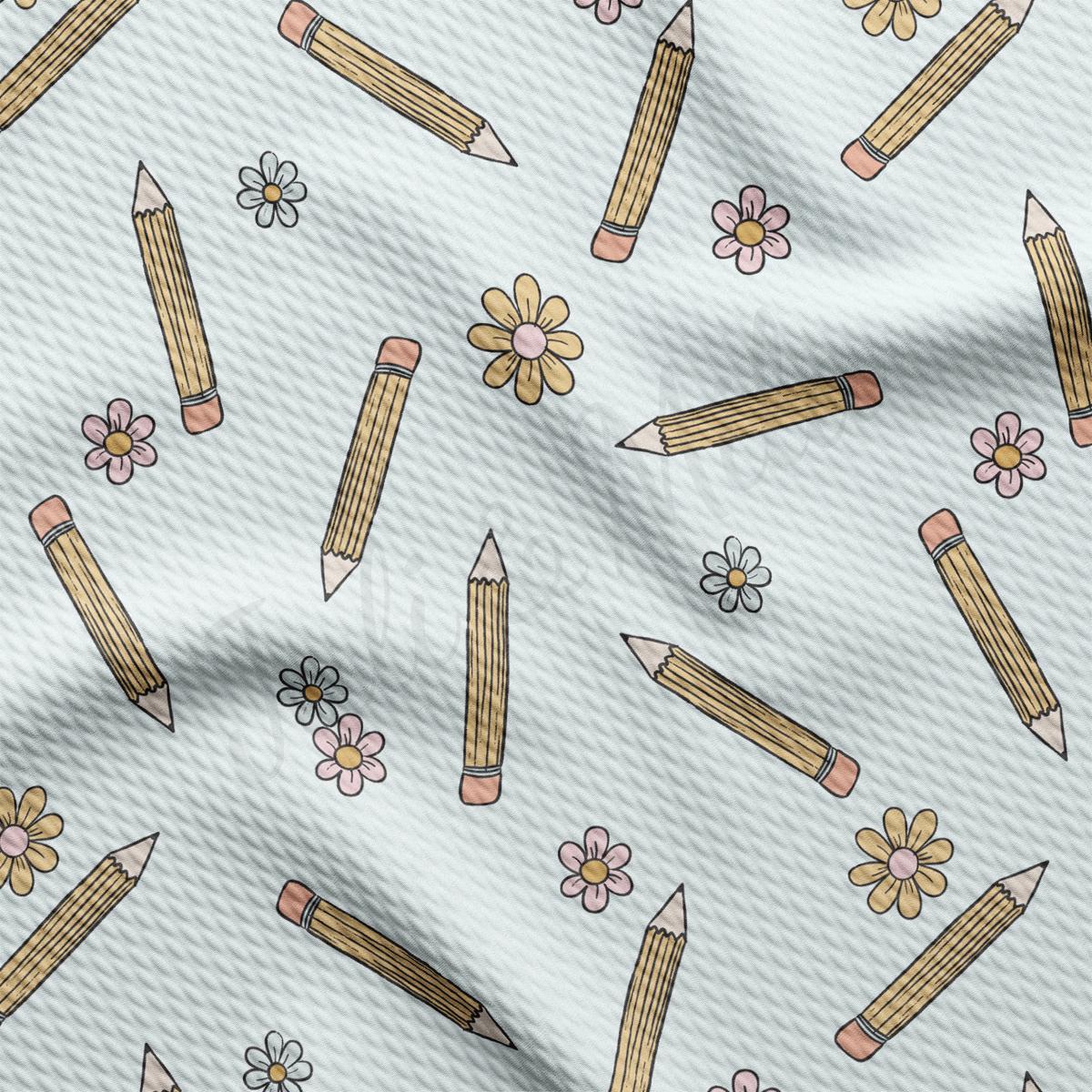 a pattern of pencils and flowers on a white background