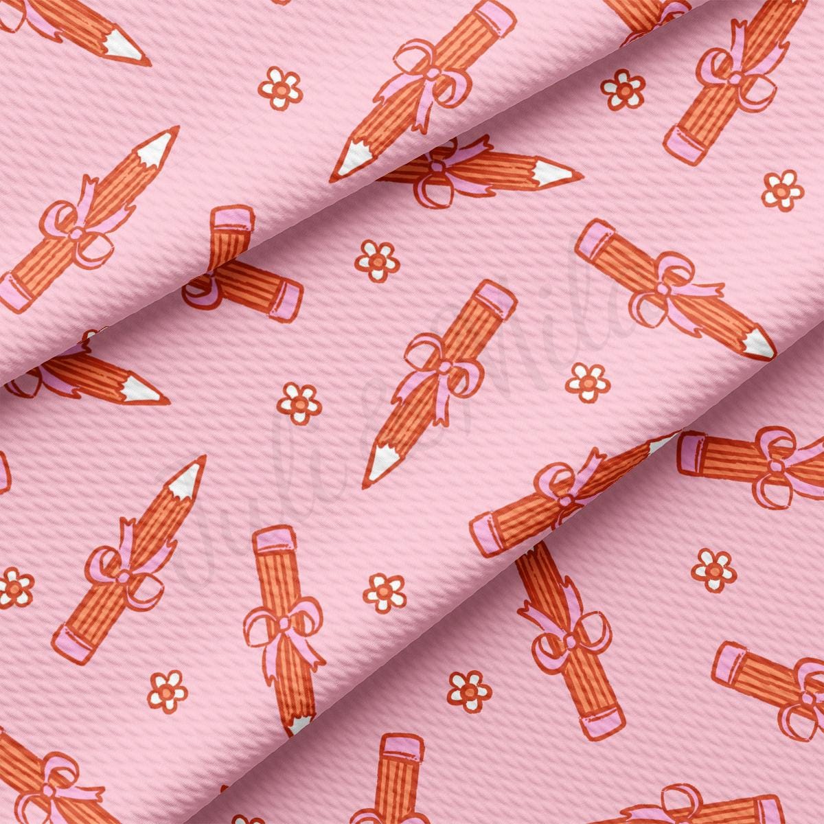 a pink background with a pattern of pencils and bows