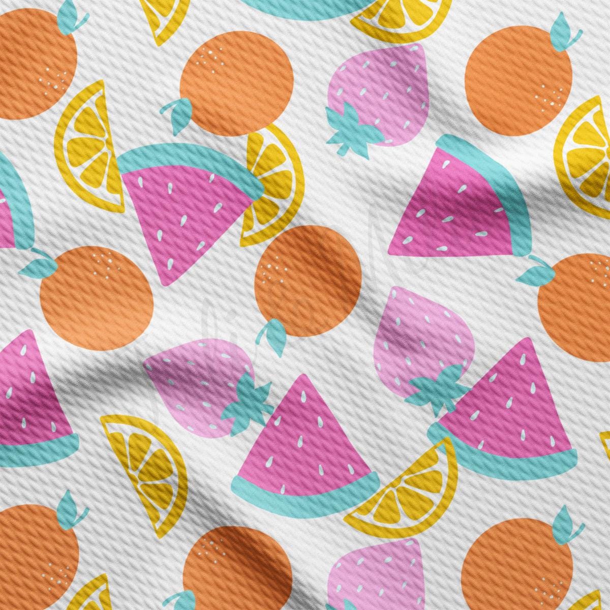 a pattern of oranges, lemons, and watermelon on a white