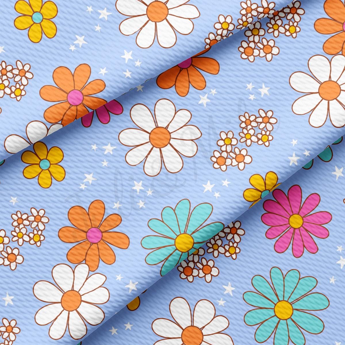 a blue background with colorful flowers and stars