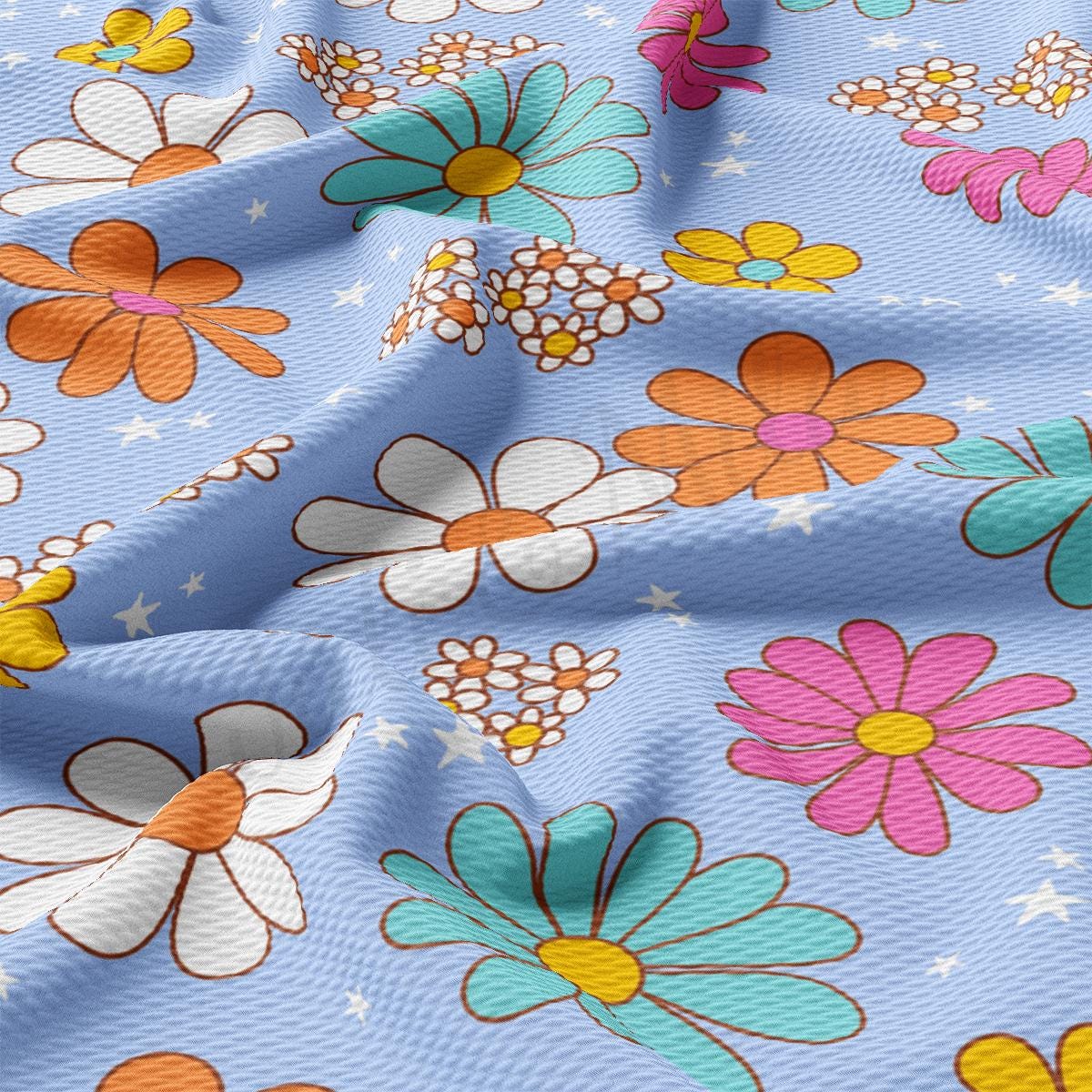 a blue background with flowers and stars