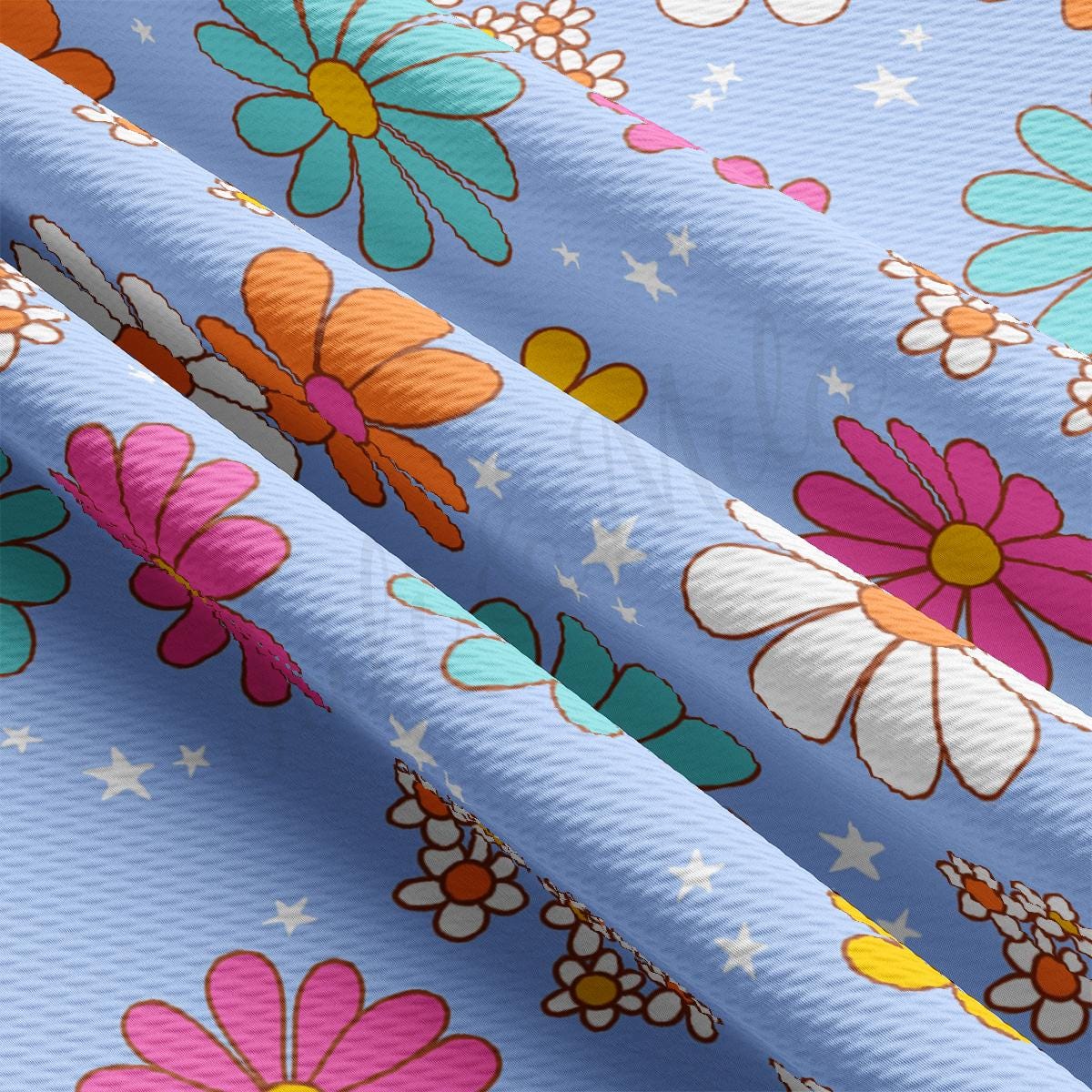 a blue background with flowers and stars on it