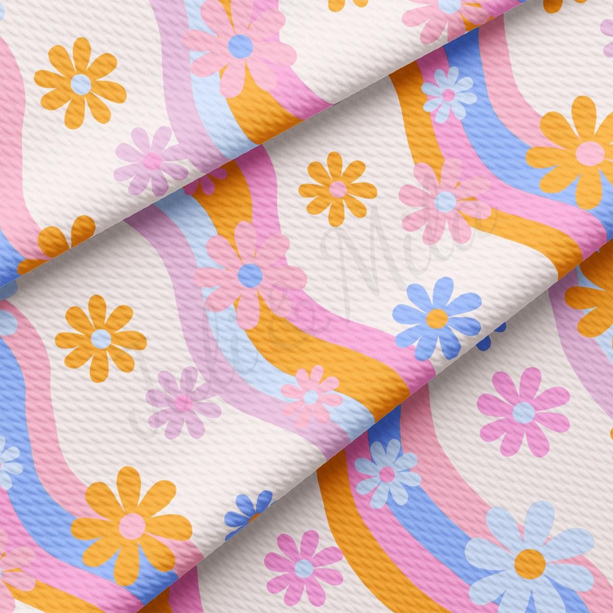 a pink, blue, and orange floral print on a white background