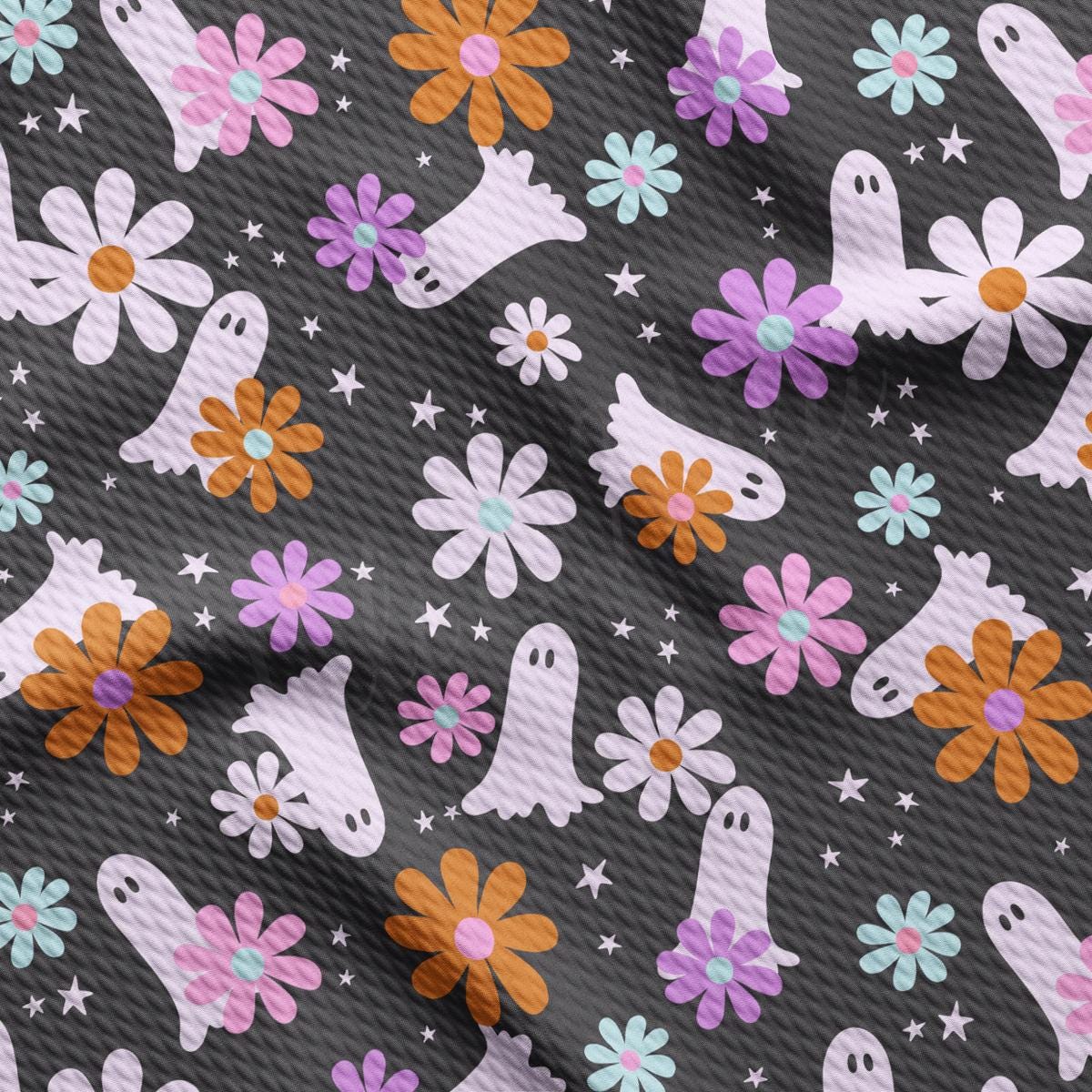 a pattern of flowers and ghost on a gray background