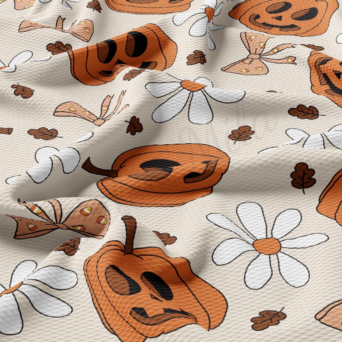 a pattern of pumpkins and flowers on a white background