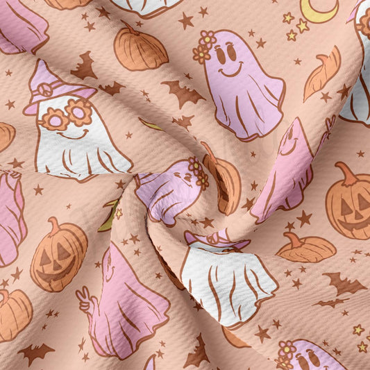 a pattern of ghost and pumpkins on a pink background