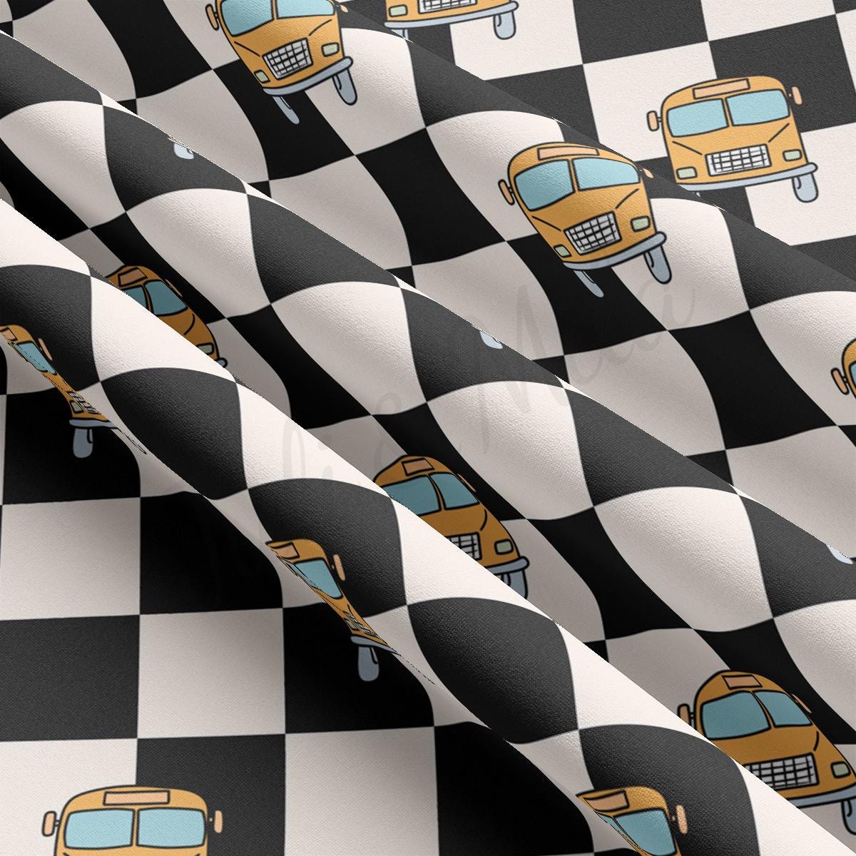 a black and white checkered fabric with a yellow bus on it