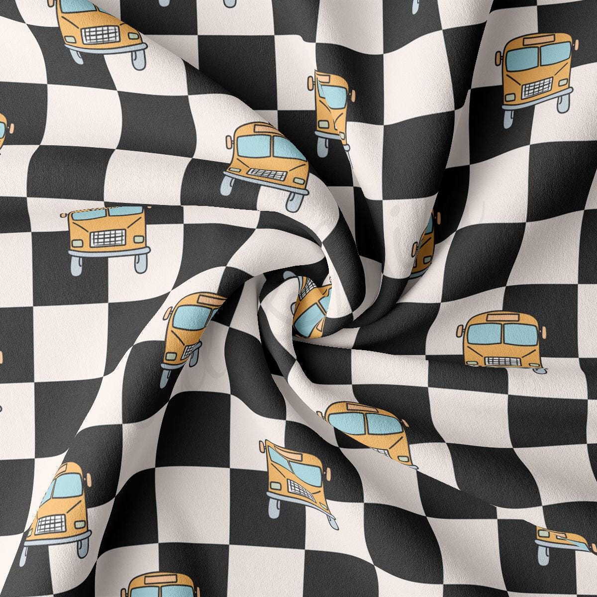 a black and white checkered fabric with a yellow bus on it