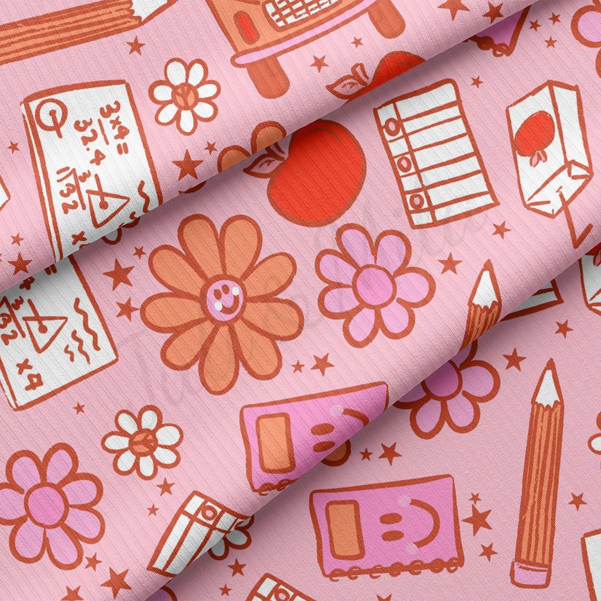 a pink background with a pattern of school supplies