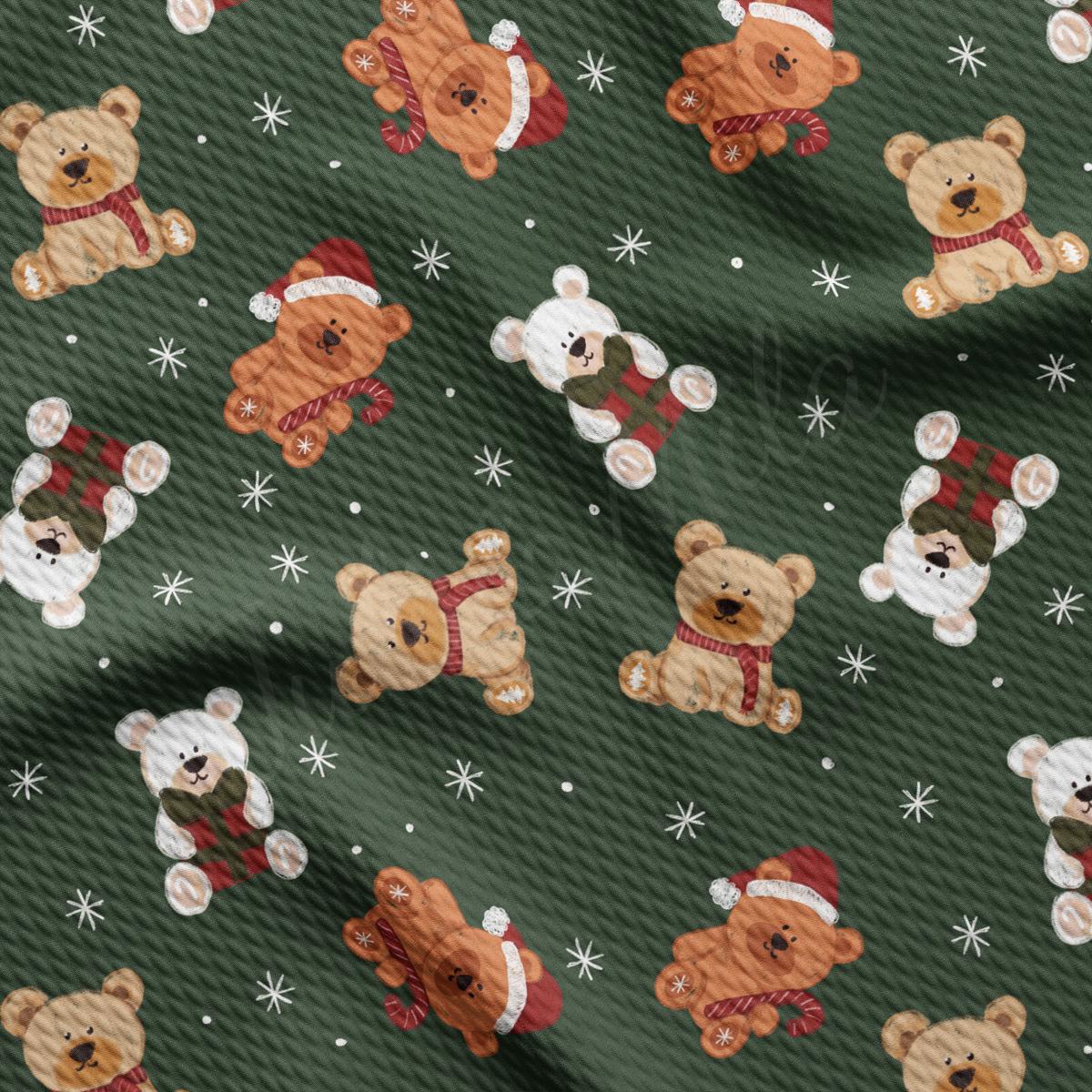 a green background with teddy bears and snowflakes
