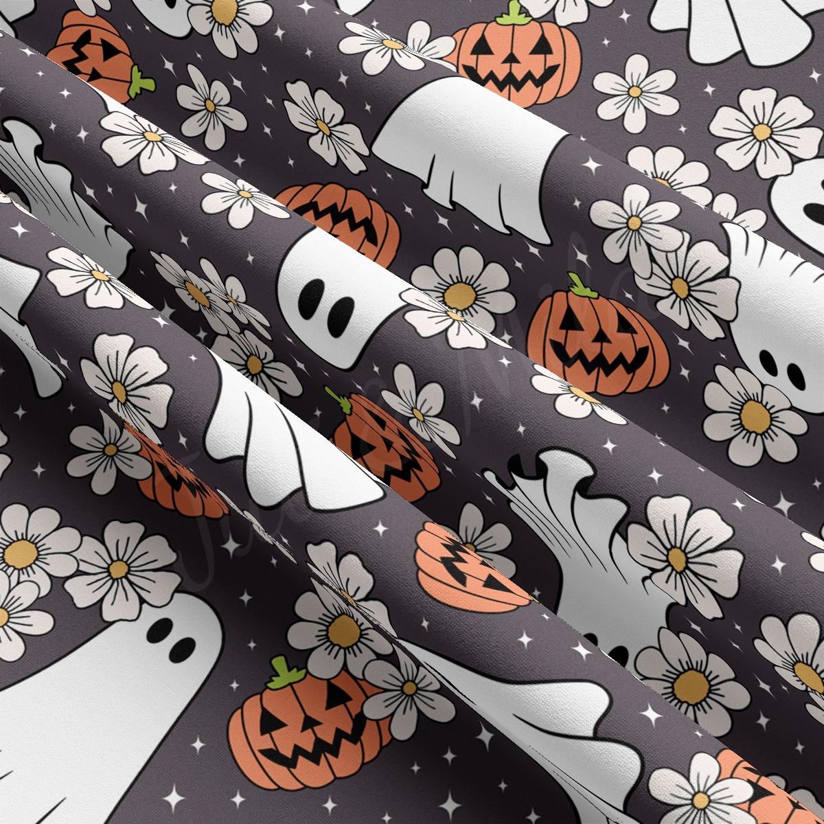 a pattern of ghost and flowers on a black background