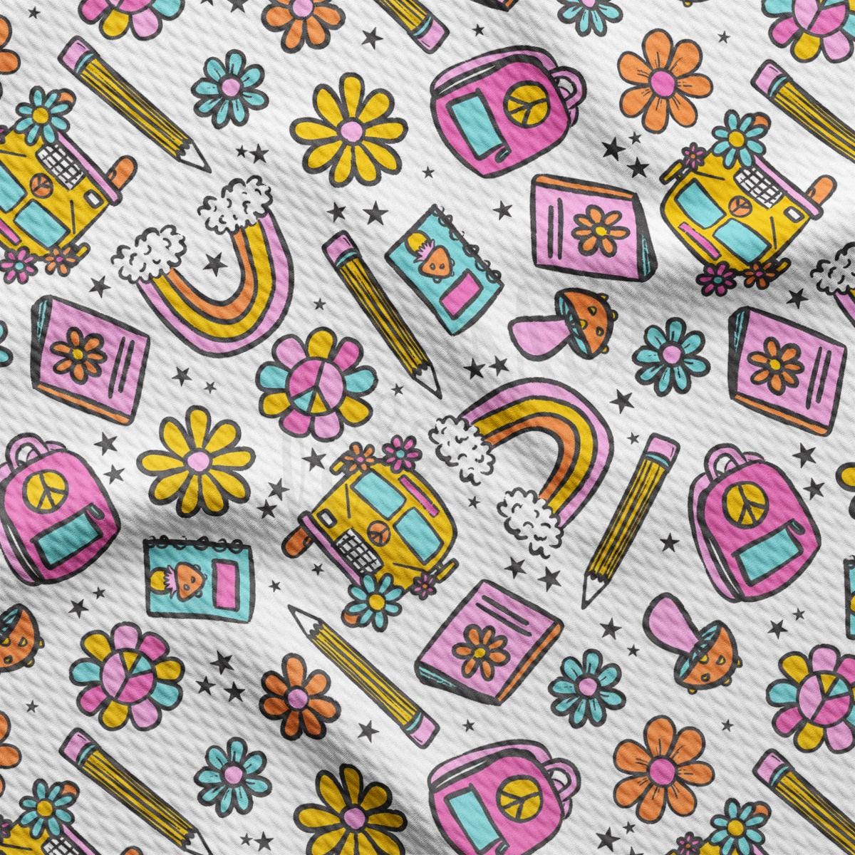 a pattern of school supplies and flowers on a white background