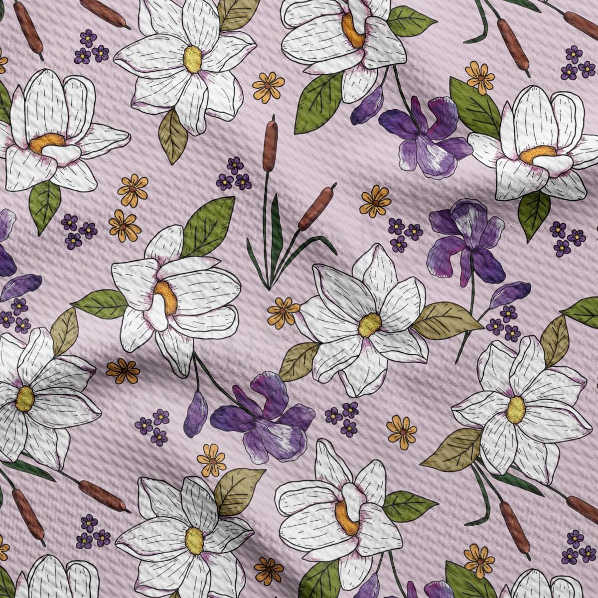 a pink background with white flowers and green leaves