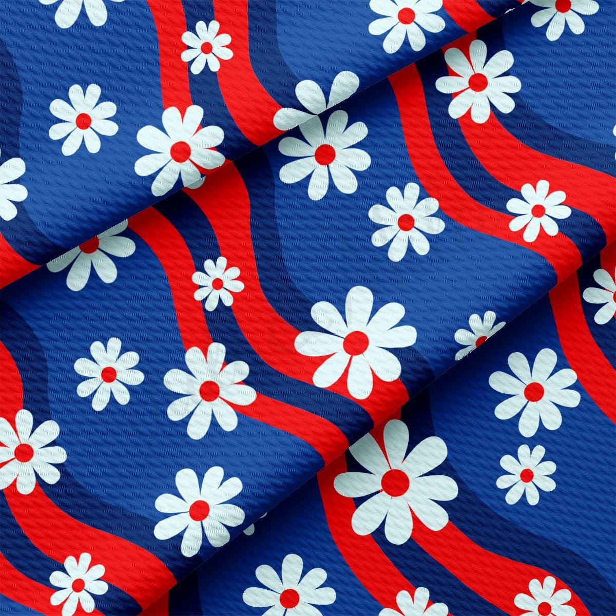 a blue and red background with white flowers