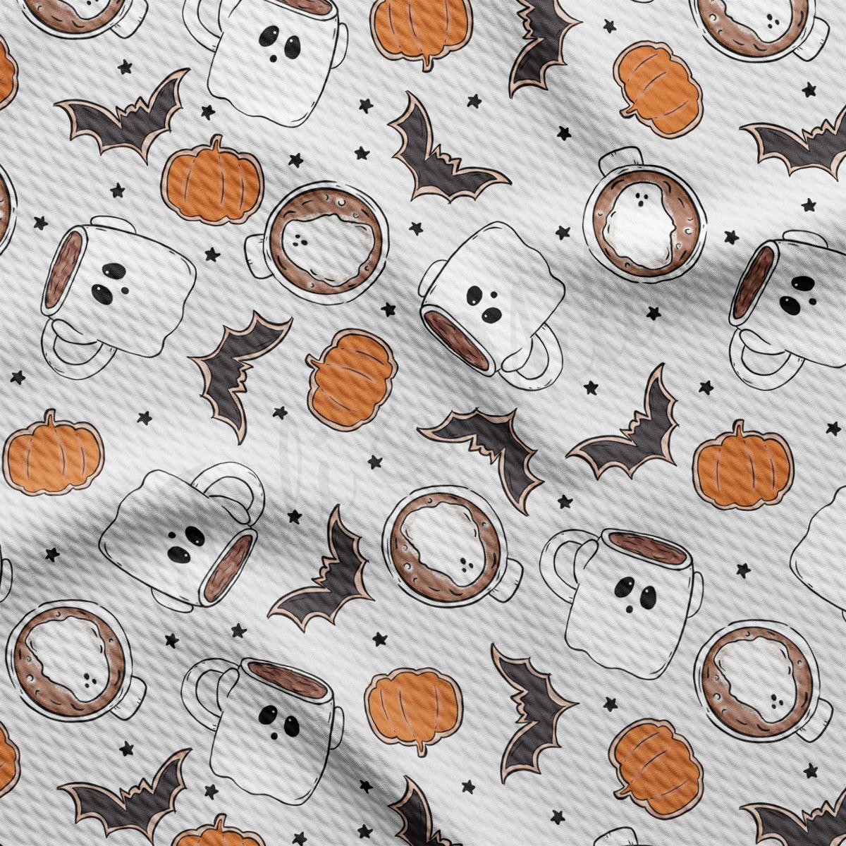 a close up of a pattern of coffee and pumpkins
