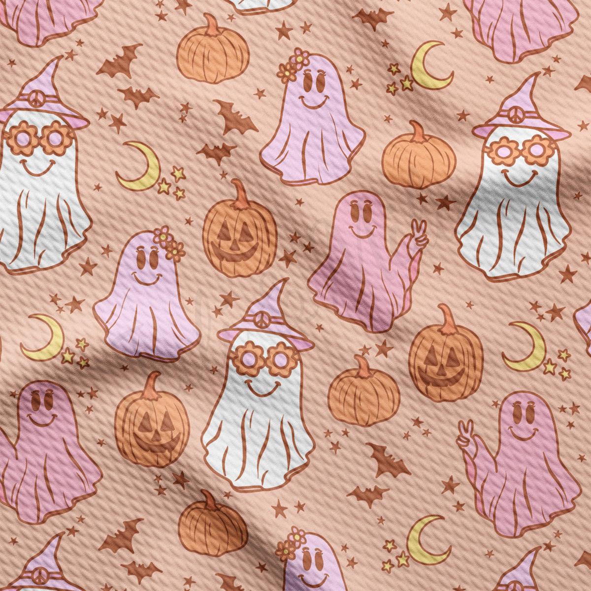 a pattern of halloween ghost and pumpkins on a pink background
