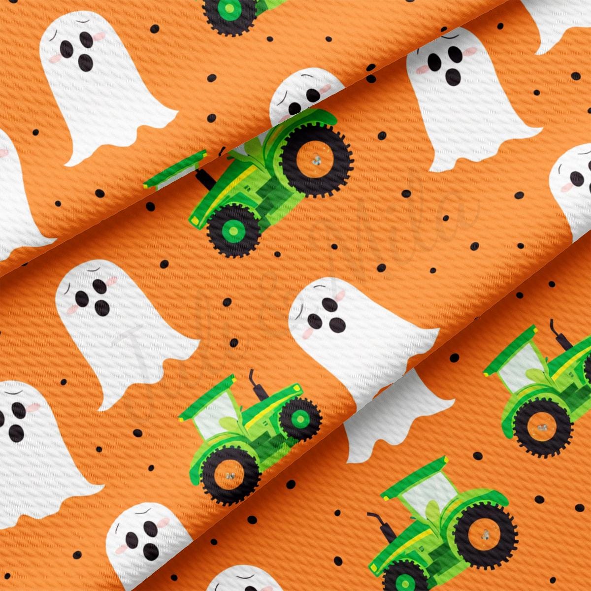 a pattern of a green tractor with ghost faces on an orange background