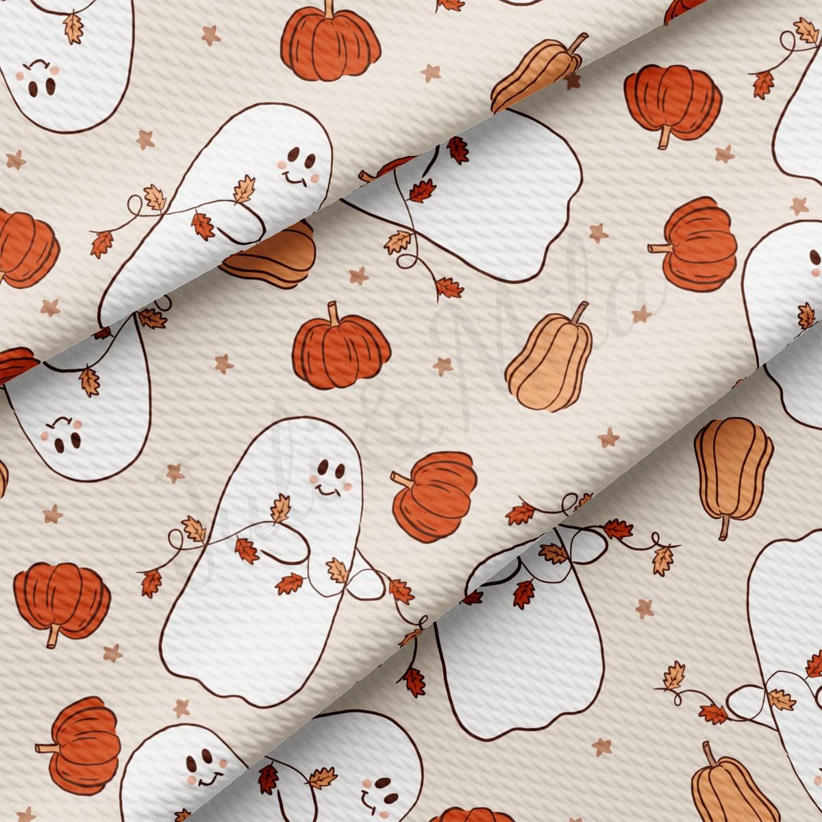 a white fabric with a pattern of ghost and pumpkins