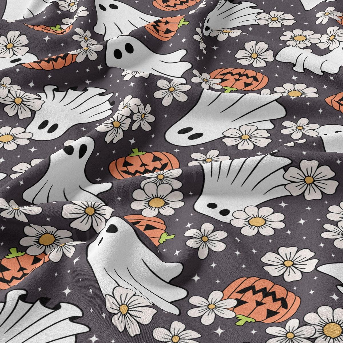 a pattern of ghost and flowers on a black background