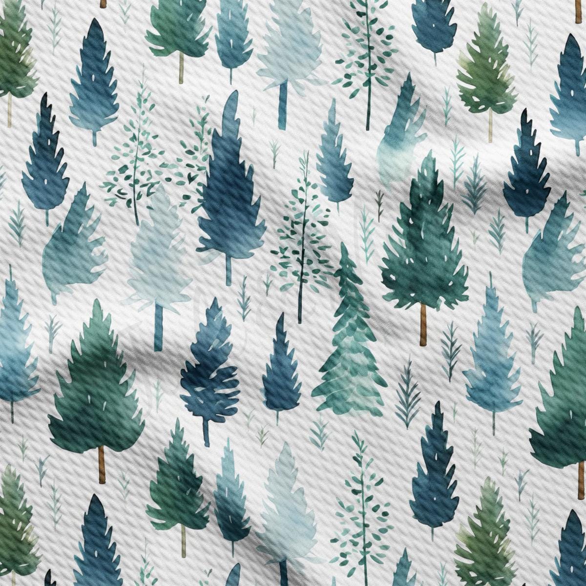 a pattern of blue and green trees on a white background