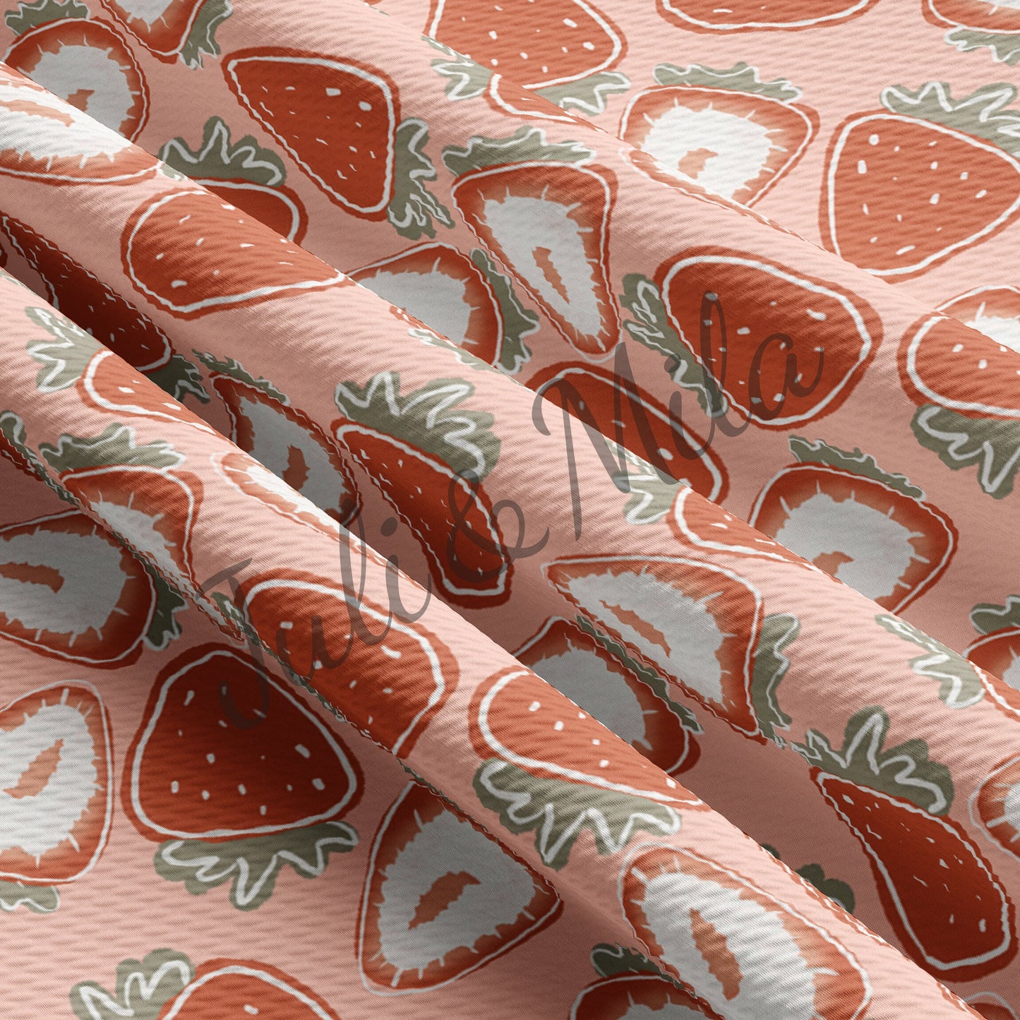 Strawberry Printed Liverpool Bullet Textured Fabric by the yard 4 Way Stretch Solid Strip Thick Knit Jersey Liverpool Fabric Strawberry2