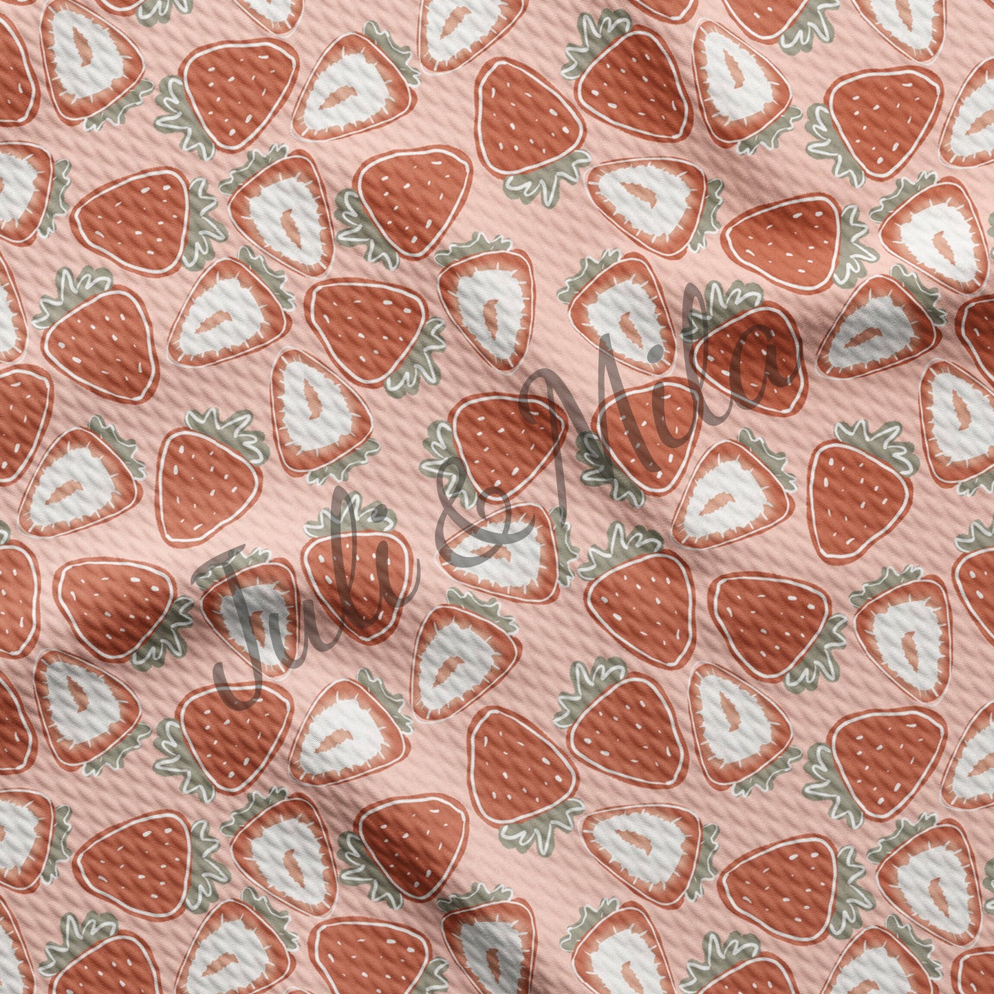 Strawberry Printed Liverpool Bullet Textured Fabric by the yard 4 Way Stretch Solid Strip Thick Knit Jersey Liverpool Fabric Strawberry2
