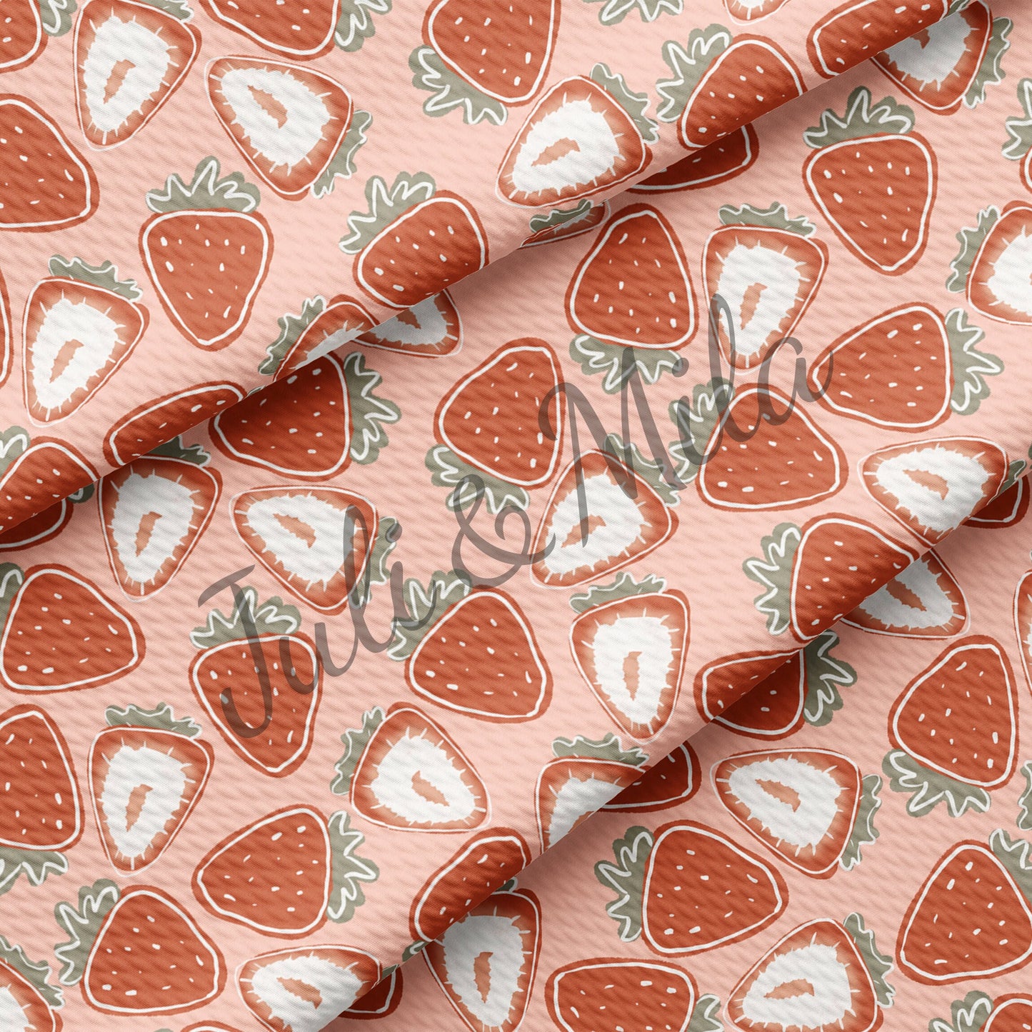 Strawberry Printed Liverpool Bullet Textured Fabric by the yard 4 Way Stretch Solid Strip Thick Knit Jersey Liverpool Fabric Strawberry2