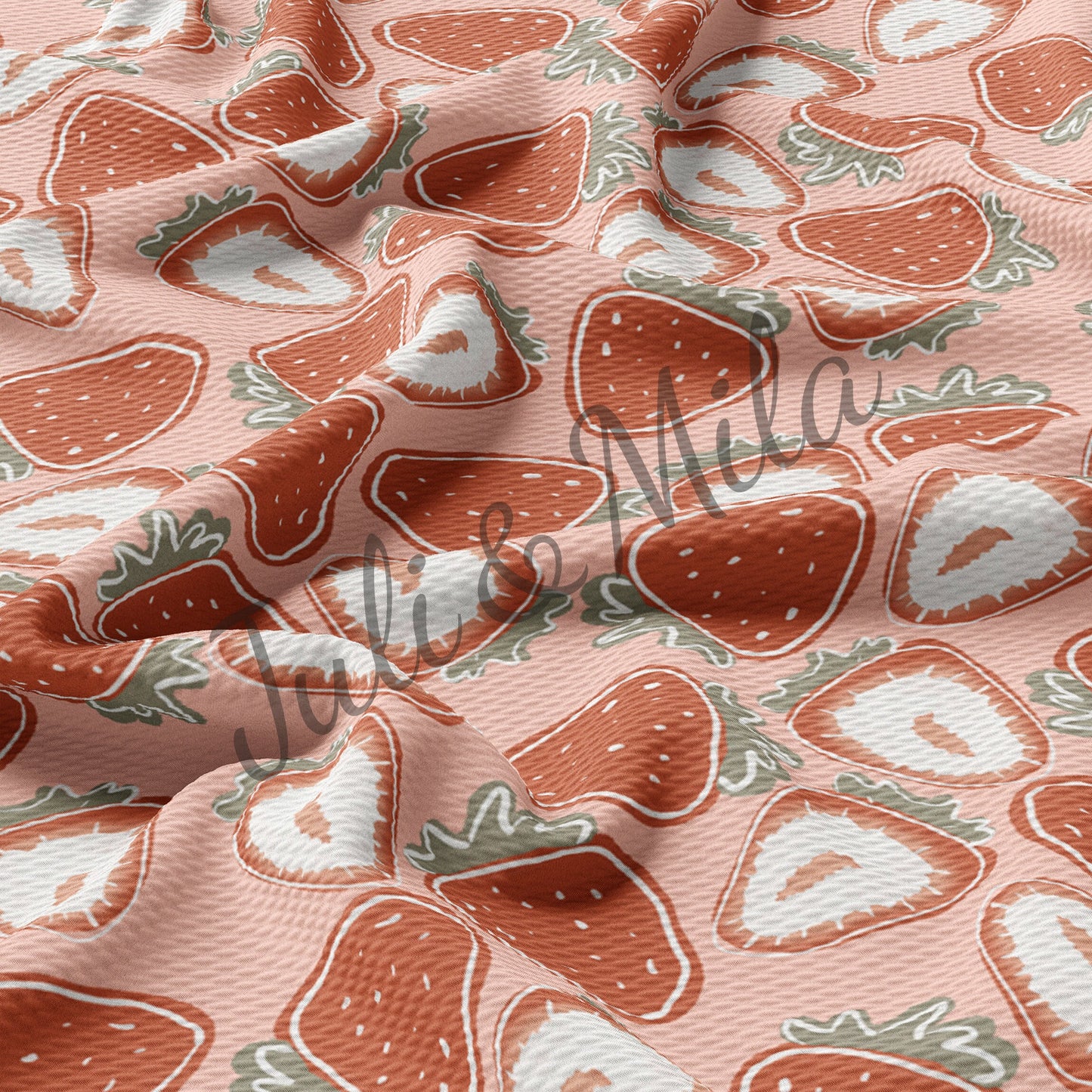 Strawberry Printed Liverpool Bullet Textured Fabric by the yard 4 Way Stretch Solid Strip Thick Knit Jersey Liverpool Fabric Strawberry2