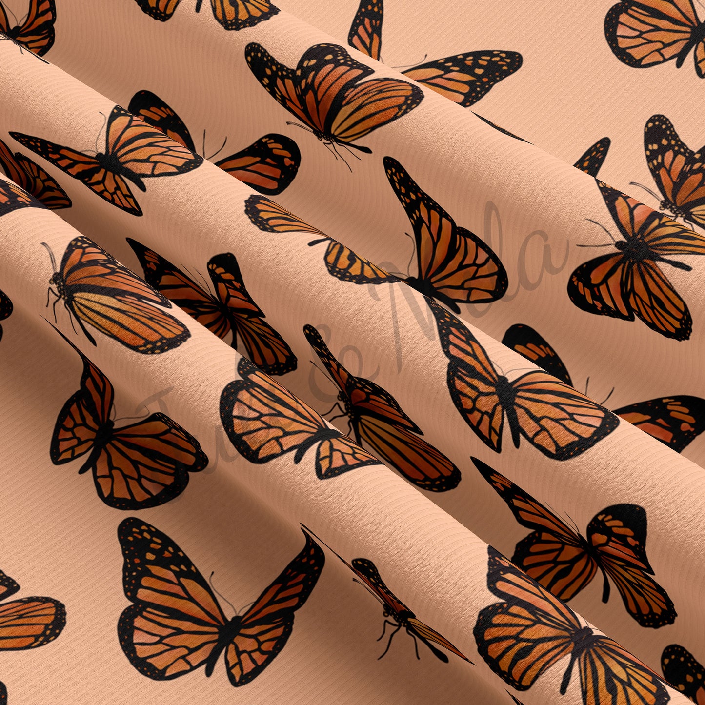 Peach Butterflies Rib Knit Fabric E7