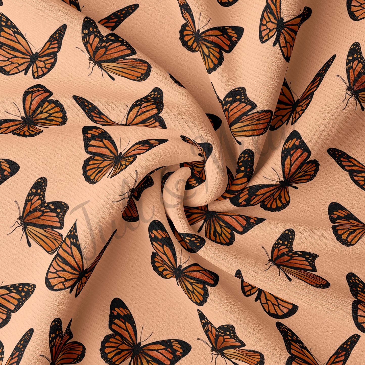 Peach Butterflies Rib Knit Fabric E7