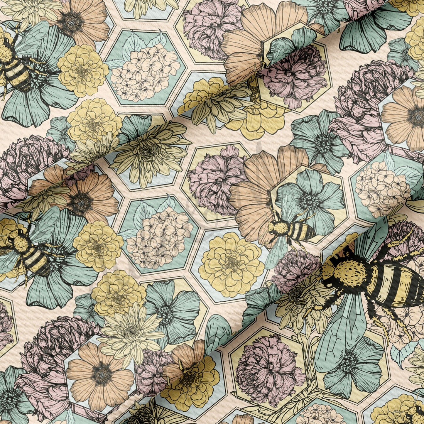 Floral Bees Summer  Bullet Textured Fabric by the yard AA1560