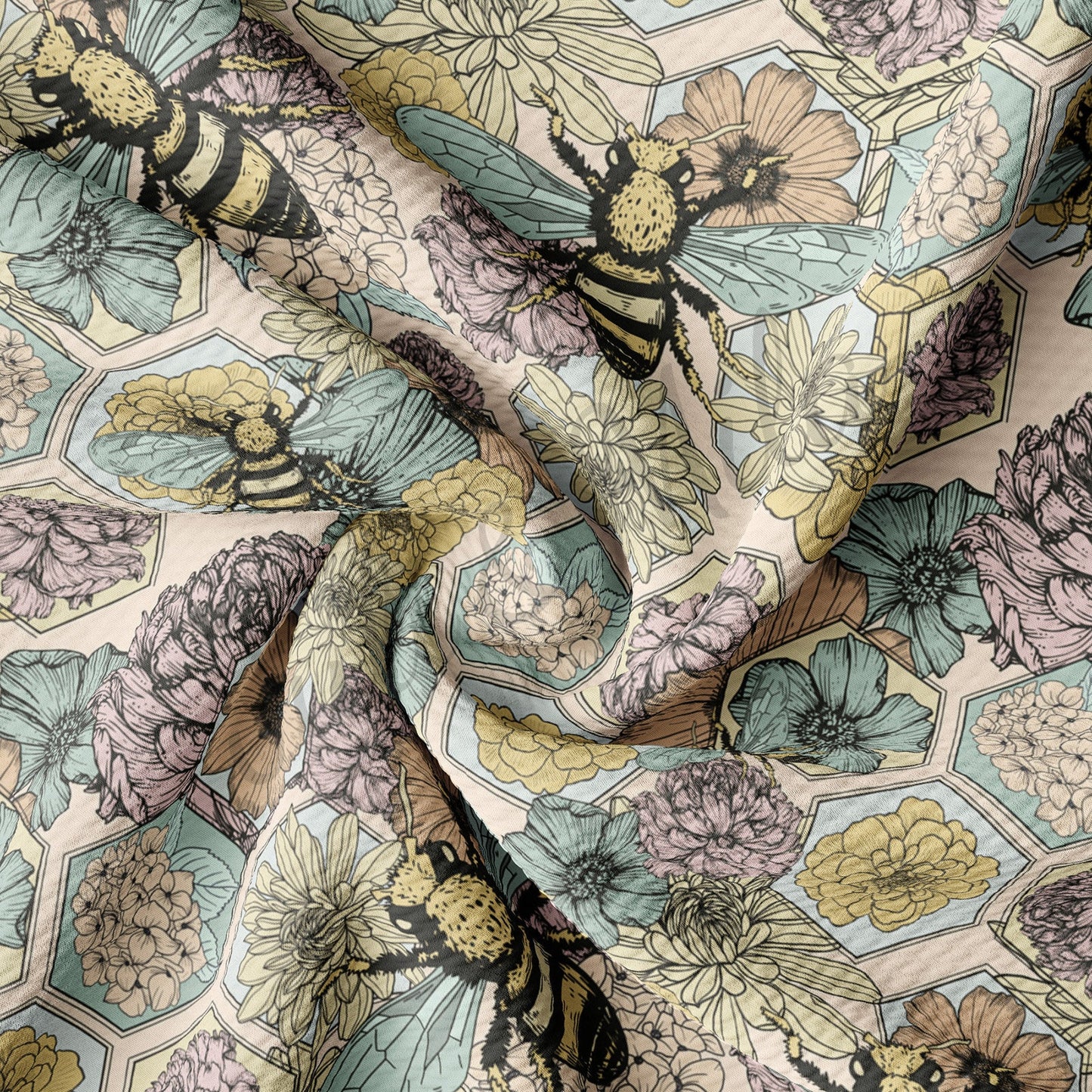 Floral Bees Summer  Bullet Textured Fabric by the yard AA1560