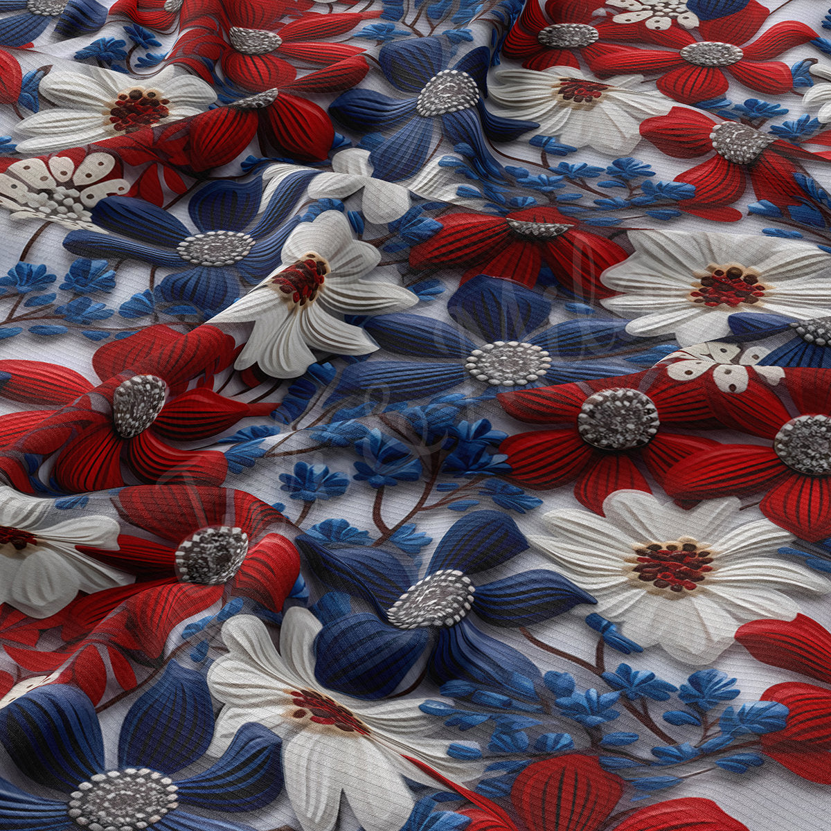 4th of July Patriotic Floral Embroidery Rib Knit Fabric AA1787